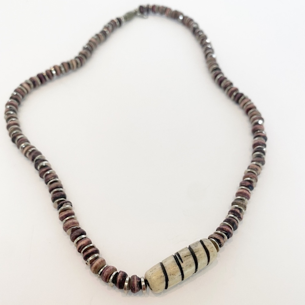 Unisex wood bead necklace with metal India 18”